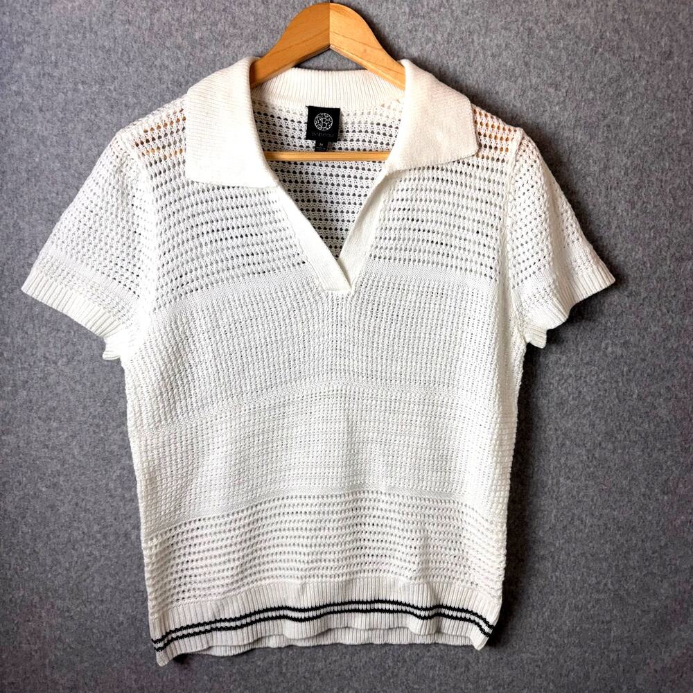 Bobeau Open Knitted Polo Sweater Women's Medium White Preppy Casual V-Neck